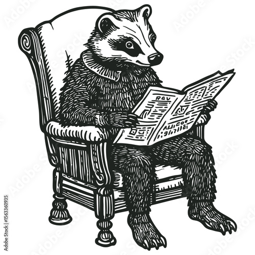 An anthropomorphic badger sits in an armchair reading a newspaper. Classic vector illustration in a vintage engraving or woodcut style.