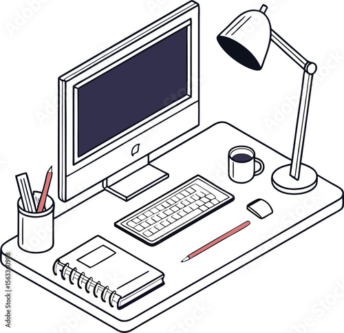 Isometric view of a clean and organized desk with a computer keyboard mouse lamp notebook and coffee cup