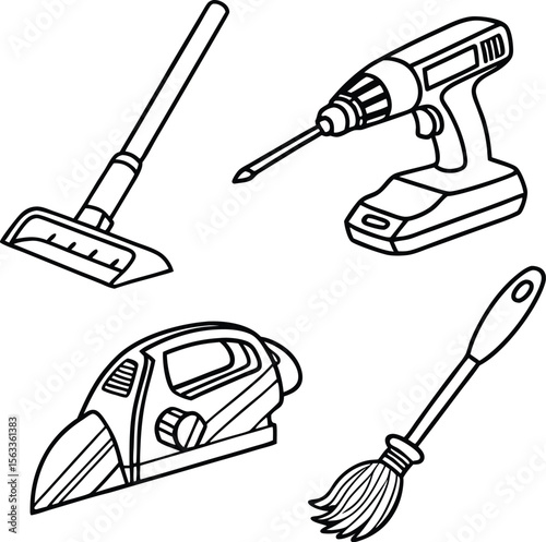 Collection of four household cleaning and diy tools including a vacuum cleaner drill sander and broom