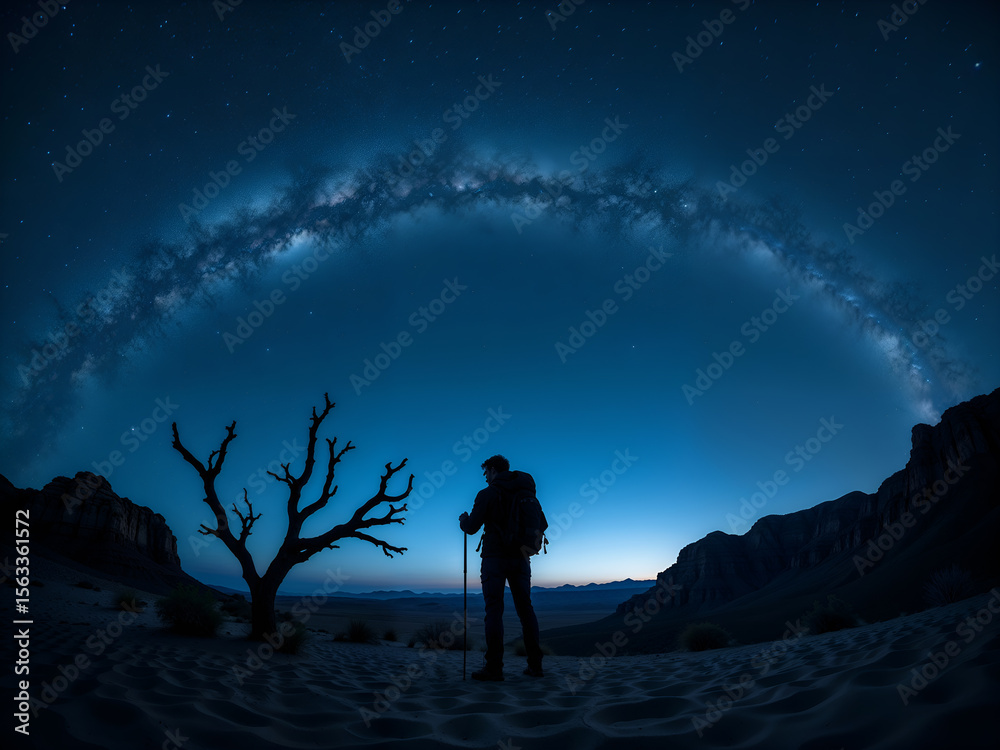 Fototapeta premium A person admiring the starry sky and Milky Way in a desert at night, ideal for adventure and space visuals. Generative AI