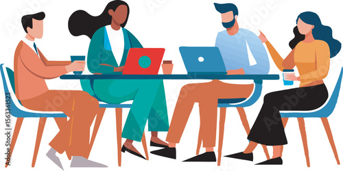 Stylized illustrations of diverse professionals engaged in collaborative meetings, highlighting teamwork, communication, and inclusivity in modern business settings