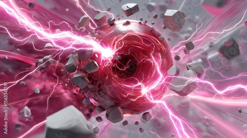 Dynamic red sphere surrounded by lightning and debris creating a powerful effect