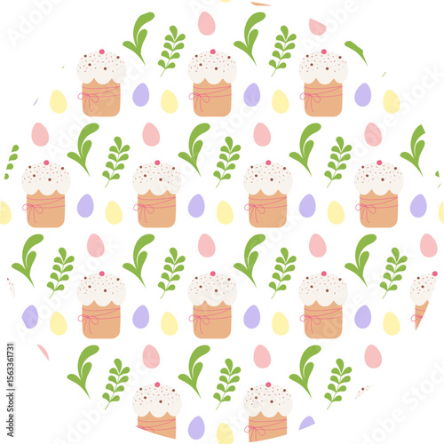 Hand Drawn Easter Cake Painted Eggs and green leaves Festive Seamless Pattern on Circle Background