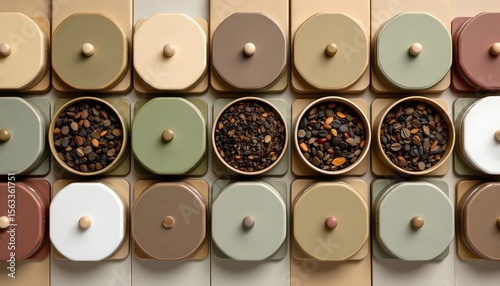 organic tea tins arranged evenly in muted olive and brown tones