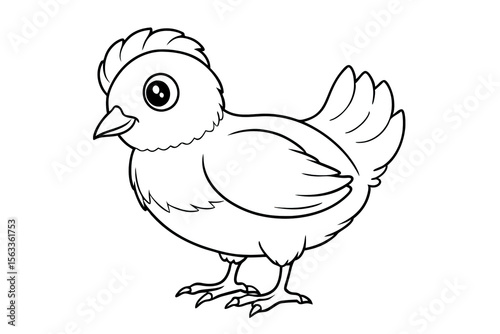 Illustration of a cartoon chicken in outline on a white background. Children's coloring, sketch