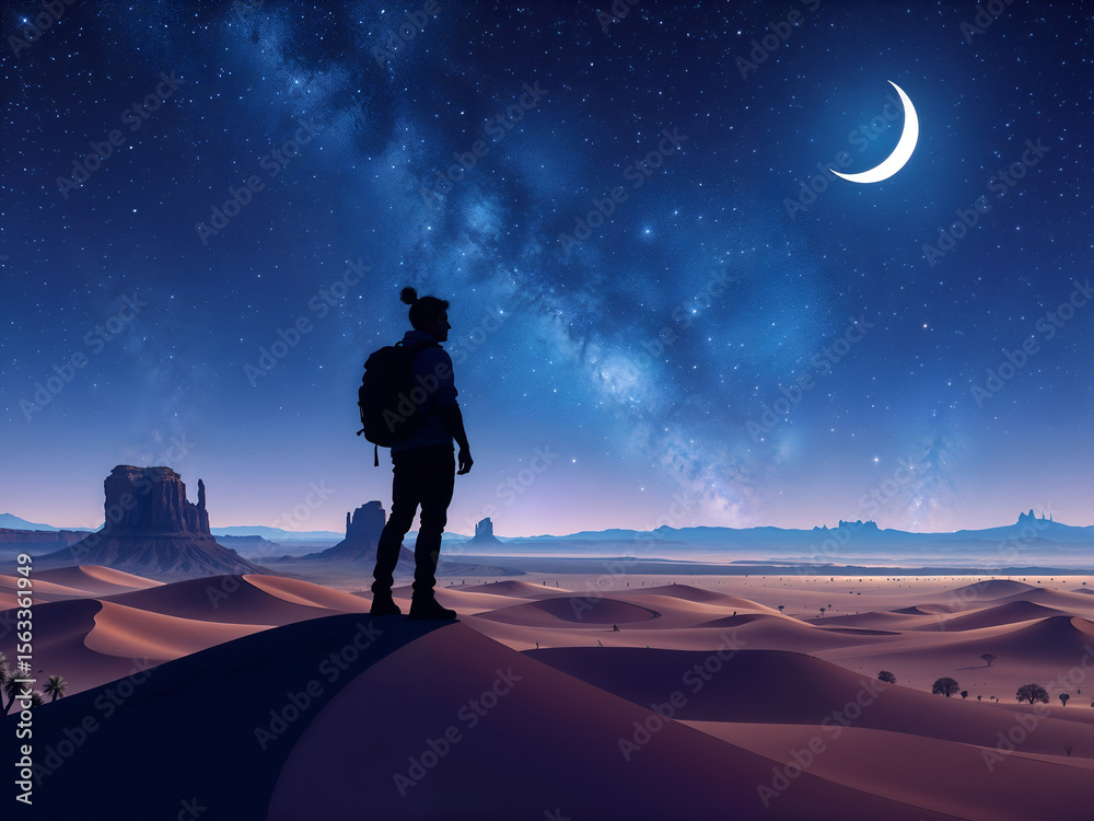 Fototapeta premium A man standing under the Milky Way galaxy at night, perfect for astronomy, travel, and exploration themes. Generative AI