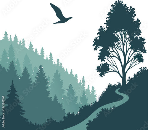 Serene forest landscape with a winding path leading through misty evergreen trees and a bird flying overhead