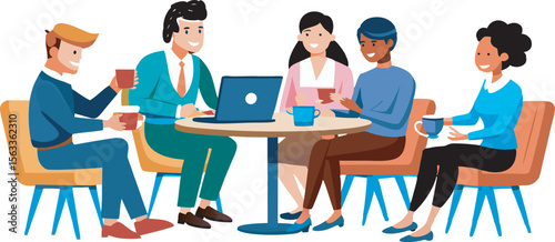 Stylized illustrations of diverse professionals engaged in collaborative meetings, highlighting teamwork, communication, and inclusivity in modern business settings