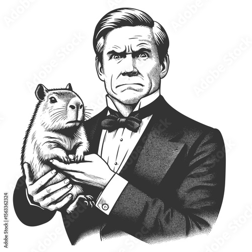man in a tuxedo holding a calm capybara sketch engraving generative ai fictional character vector illustration. Scratch board imitation. Black and white image.