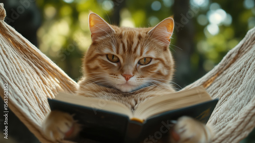 Cute ginger cat relaxing in a hammock while reading a book, looking serious and focused, outdoors with soft green bokeh.