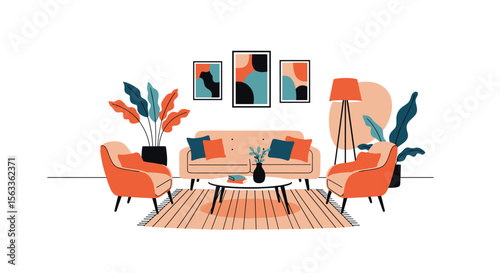 Cozy Living Room Interior Design with Modern Furniture and Plants on a White Background