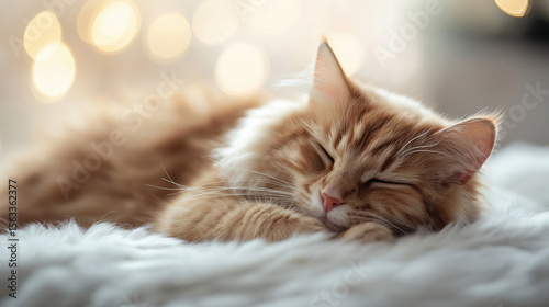 Fluffy ginger cat sleeping peacefully on a soft white blanket with warm blurred lights in the background, creating a cozy and serene atmosphere.
