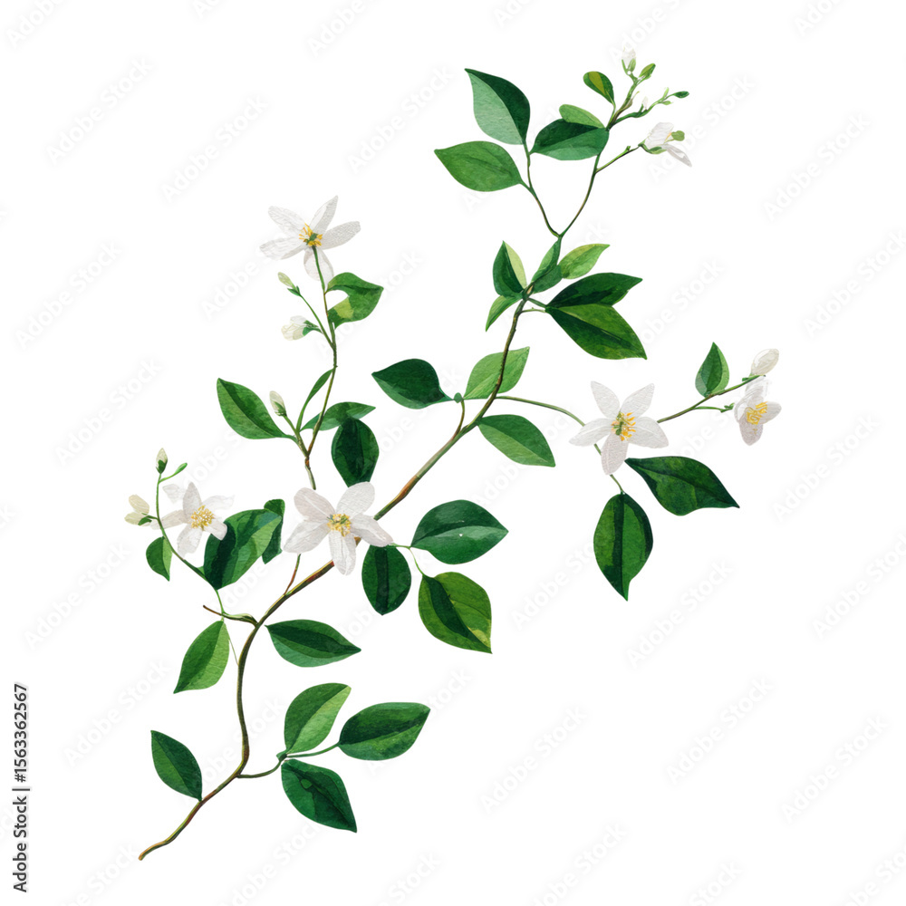 Obraz premium Isolated Green Leaves and White Flowers on Background