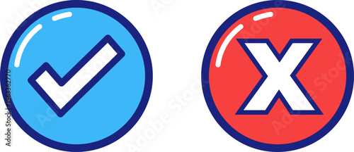 green and red tick and cross button, vector symbol on transparent background.