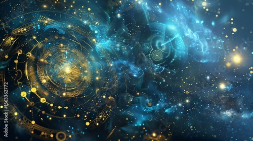 Abstract background with starry sky elements and golden symbols. Ideal for book covers and music album covers in the fantasy genre.