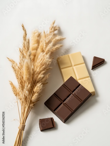Minimalist Chocolate Photography: Dark, White, and Rustic Wheat Composition.