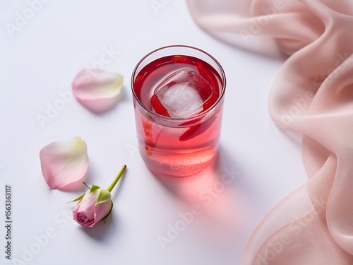 Pink Drink: Refreshing Cocktail with Rose Petals and Bud, Elegant Beverage.