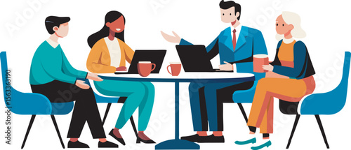 Stylized illustrations of diverse professionals engaged in collaborative meetings, highlighting teamwork, communication, and inclusivity in modern business settings