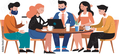Stylized illustrations of diverse professionals engaged in collaborative meetings, highlighting teamwork, communication, and inclusivity in modern business settings