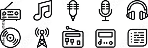 Black and White Music and Media Icons, Radio, Headphones, and More