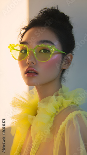 Captivating young woman in bold yellow fashion and striking neon green eyewear