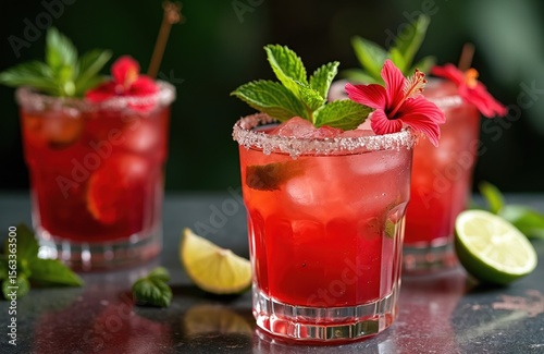 Wallpaper Mural Close-up of vibrant hibiscus cocktails garnished with fresh mint leaves lime wedges. Refreshing exotic drinks with ice cubes served at bar. Cocktails decorated by red hibiscus flowers for party. Torontodigital.ca