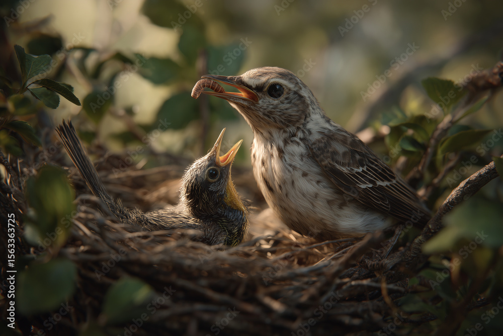 Fototapeta premium mother bird is feeding her chicks in the nest