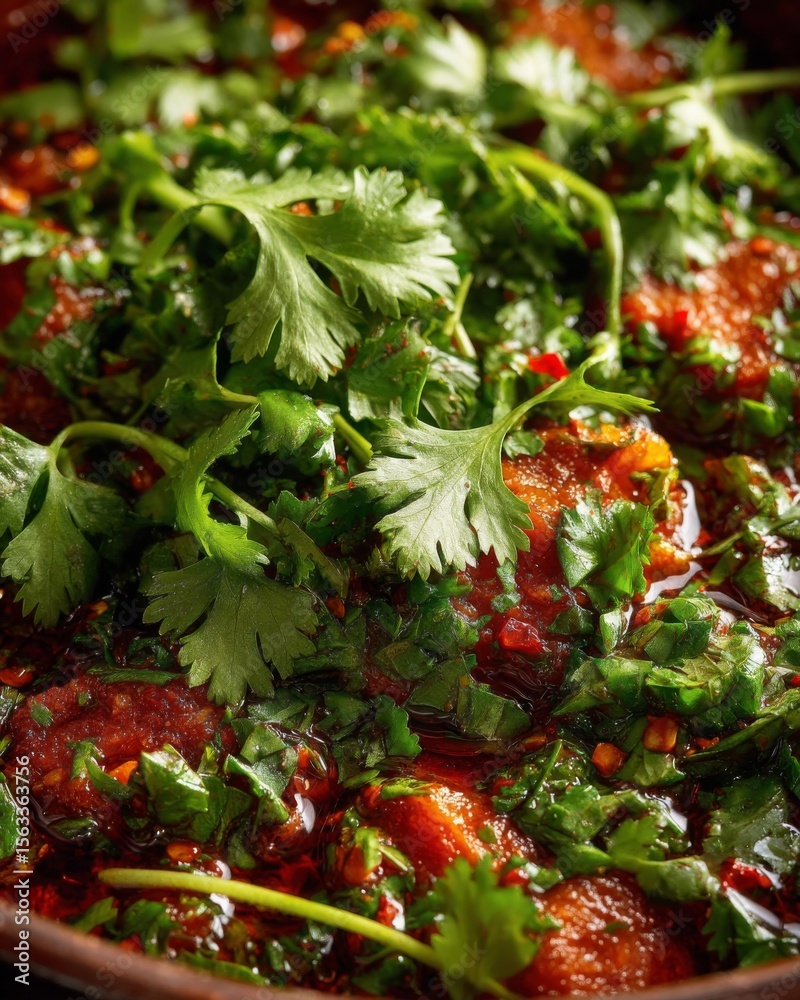 Fototapeta premium Close Up of Spicy Red Meat Dish with Cilantro Garnish