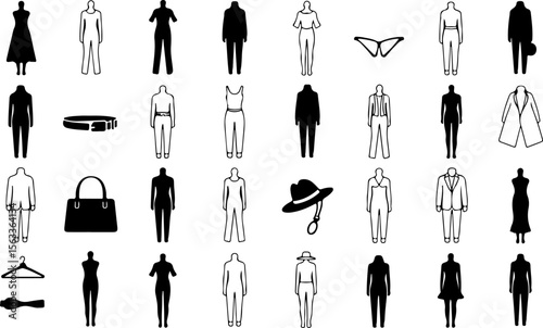 Diverse collection of clothing and accessories on mannequins fashion silhouettes