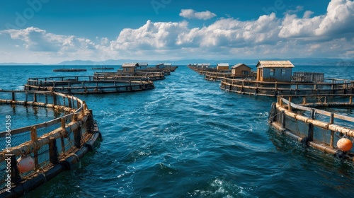 Sustainable aquaculture: fish farm structure in open sea waters against cloudy sky