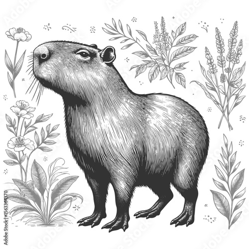 Capybara sketch engraving generative ai fictional character vector illustration. Scratch board imitation. Black and white image.
