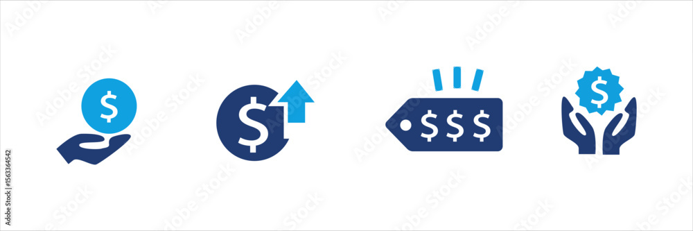 Set of blue financial and shopping icons with dollar signs, price tags, discounts, charts, invoices, and calculators. Business and commerce UI elements for web, app, banner, and print design. Set of blue financial and shopping icons with dollar signs, price tags, discounts, charts, invoices, and calculators. Business and commerce UI elements for web, app, banner, and print design.