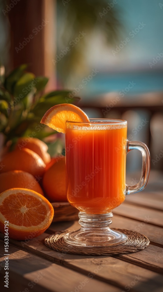 Fototapeta premium Orange Juice in a Glass on Wooden Table