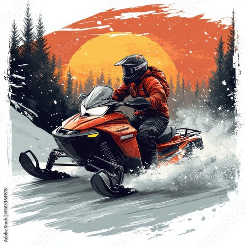 Snowmobiler rides through snowy landscape at sunset in a vibrant winter scene with trees and mountain backdrop