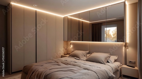 Stylish apartment bedroom with wall-length wardrobe, built-in mirror lighting, and sleek modular design