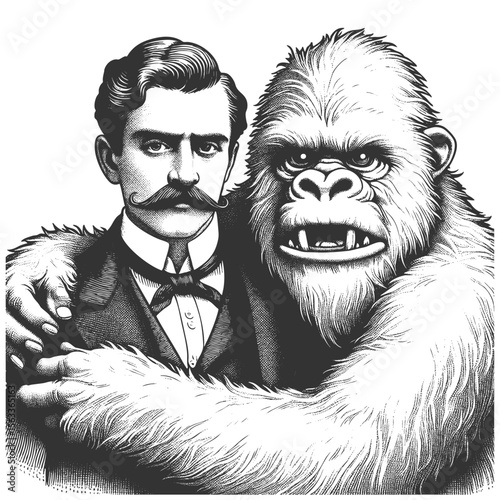 man embracing Yeti shaggy monster in a surreal, humorous scene sketch engraving generative ai fictional character vector illustration. Scratch board imitation. Black and white image.