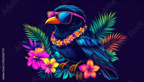 Cool tropical bird with vibrant pink sunglasses and a colorful lei surrounded by exotic foliage.