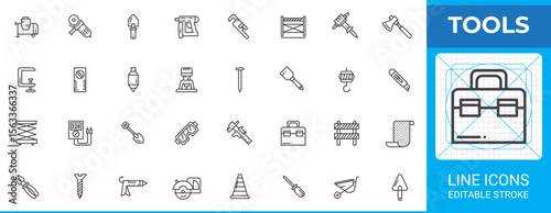 Workshop tools outline icon pack