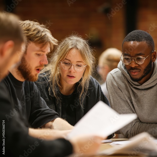 A group of actors reads through a script during a table rehearsal -.