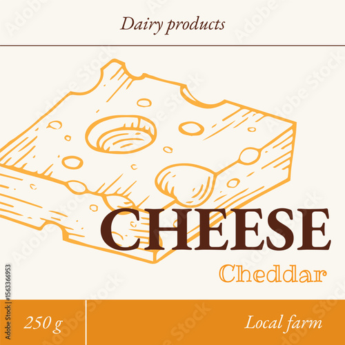 Cheese label. Design tags for packaging dairy products. Craft branding for natural cheeses. Cheddar hand-drawn in sketch retro style. Vector illustration.