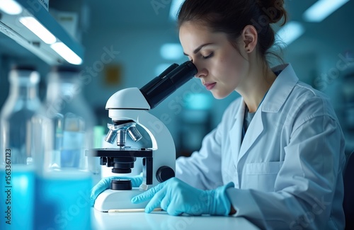 Young female scientist researches with microscope in lab. Healthcare, medical science, tech, innovation concept. Modern science, lab interior, blurred background, medical research, ai, modern tech.