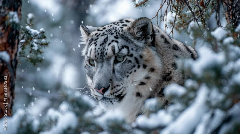 4K motion footage of snow leopard staring through snowy trees, perfect for environmental films, nature channels, zoology lessons, wildlife reels, and cold climate conservation content