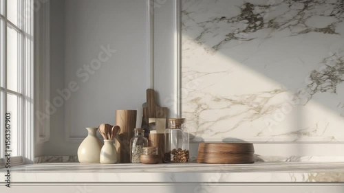 Kitchen countertop display with wooden and ceramic items