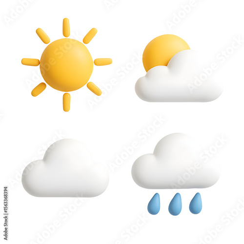 3D rendered weather icons representing sunny, cloudy, and rainy conditions