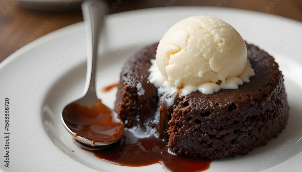 Small round chocolate lava cake with vanilla ice cream on top, drizzled in fudge sauce and melting into the center of its white plate Small round chocolate lava cake with vanilla ice cream on top, drizzled in fudge sauce and melting into the center of its white plate