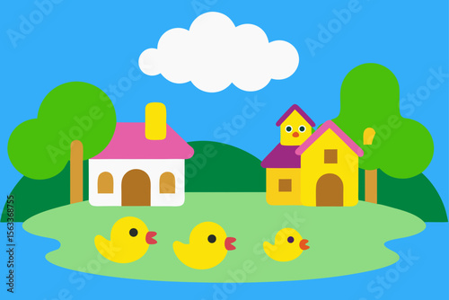Peaceful Village by Lake with Ducks Swimming Calmly
