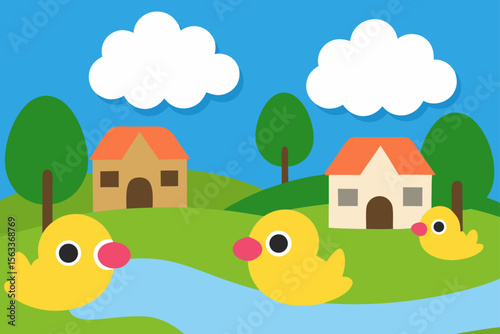 Tranquil Lakeside Village with Ducks and Nature View