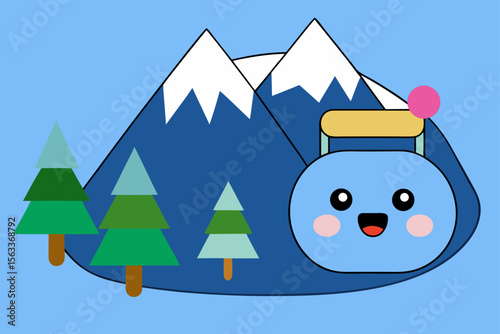 Cartoon Mountain Landscape with Cable Car and Pine Forest