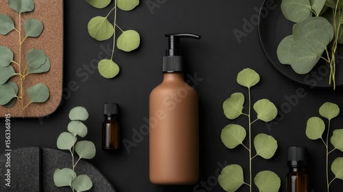 Natural skincare products with eucalyptus leaves.
