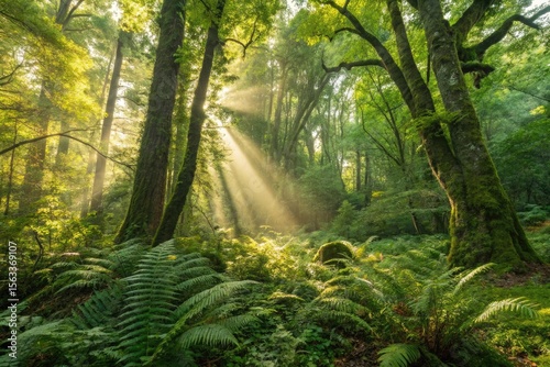 Early morning sunlight rays shining through misty forest trees. Silent Forest in spring with beautiful bright sun rays.